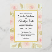 シックなセージ緑とピンクのローズウォーター結婚の色 箔招待状 (正面)