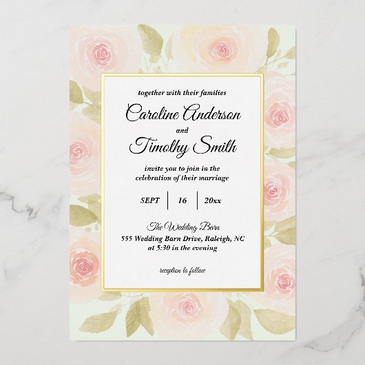 シックなセージ緑とピンクのローズウォーター結婚の色 箔招待状 (正面)