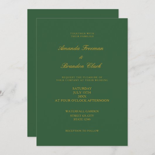 シックなセージ緑と金ゴールドエレガントな結婚式 招待状 (正面/裏面)