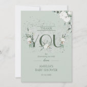 シックなセージ緑のフローラベビーシャワー サンキューカード (正面)