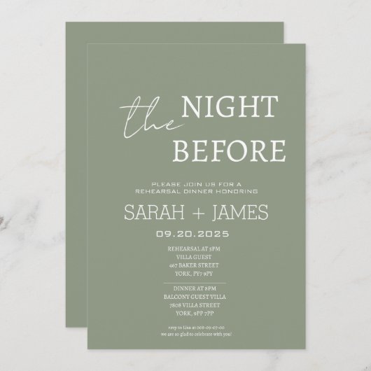 シックなセージ緑のリハーサルディナーの前の夜 招待状 (正面/裏面)