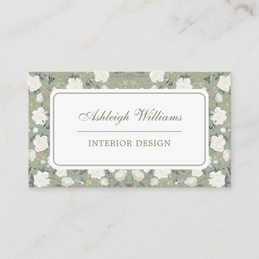 シックなセージ緑の中華料理の花のインテリアデザイン 名刺 (正面)