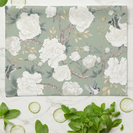 シックなセージ緑の白い陳腐なフローラ磁器 キッチンタオル (折り畳み)