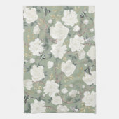 シックなセージ緑の白い陳腐なフローラ磁器 キッチンタオル (縦)