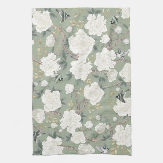 シックなセージ緑の白い陳腐なフローラ磁器 キッチンタオル (縦)