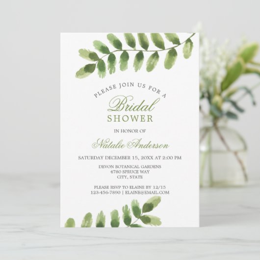 シックなセージ緑の葉の水の色ブライダルシャワー 招待状 (スタンド正面)