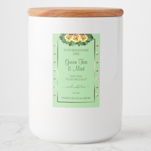 シックなセージ緑の製品ラベルイエローローズジュエリー フードラベル (正面)