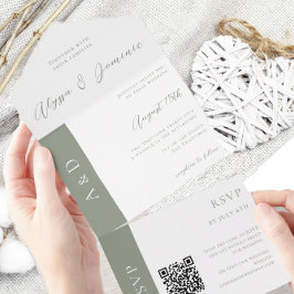 シックなセージ緑のQRコードすべて1つの結婚式の招待 オールインワン招待状
