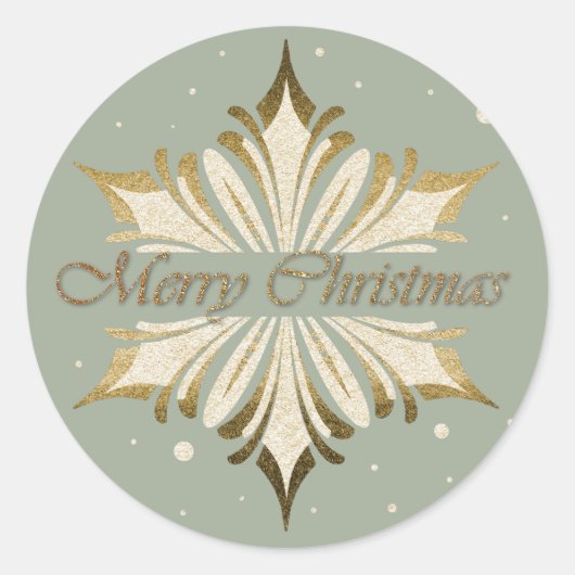 シックなセージ、アイボリー金ゴールドスノーフレーククリスマスシール ラウンドシール (正面)