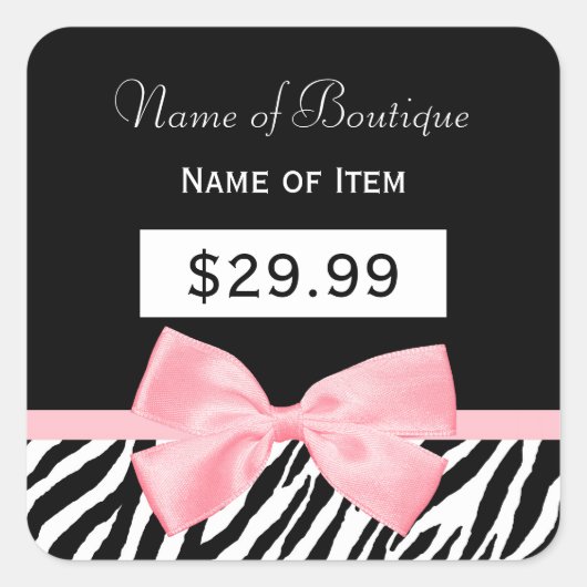シックなゼブラプリントライトトゥルーピンクリボン価格ラベル スクエアシール (正面)