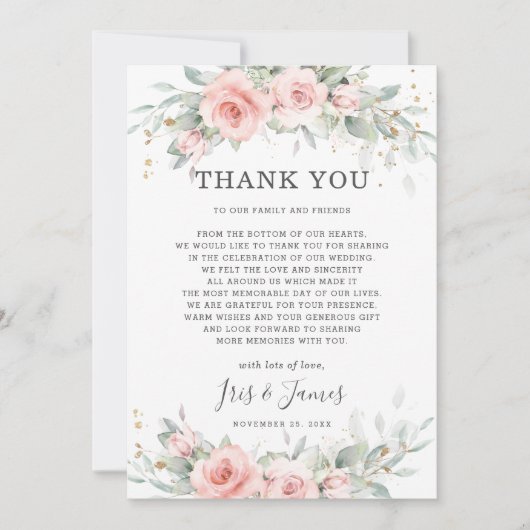 シックなソフトウエド赤面ピンクフローラグリーナリー結婚ズ サンキューカード (正面)