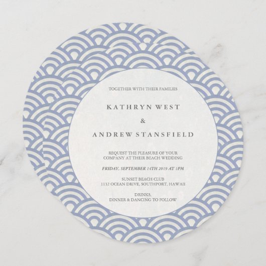 シックなソフトパープル日本の様式波結婚の 招待状 (正面/裏面)