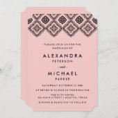 シックなソフトピンクとブラック結婚の東のパターン 招待状 (正面/裏面)