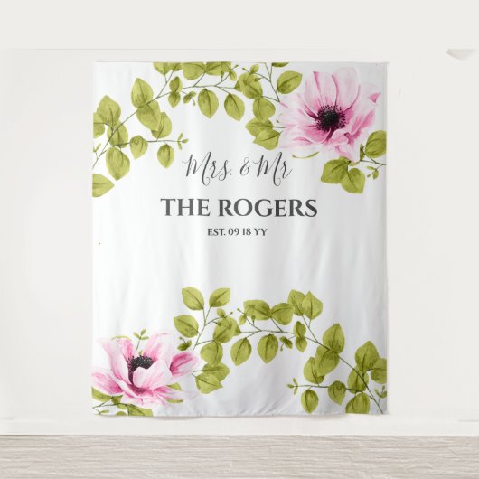 シックなソフトピンクのフローラフォトウォール結婚背景 タペストリー (正面)