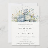 シックなソフトブルーグリーン多肉性フローラ婚約 招待状 (正面)