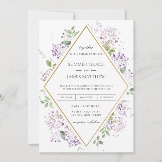 シックなソフト薄紫パープルフローラグリーナリー結婚ズ 招待状 (正面)