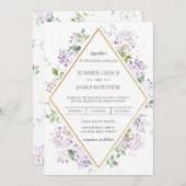 シックなソフト薄紫パープルフローラグリーナリー結婚ズ 招待状 (正面/裏面)