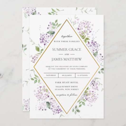 シックなソフト薄紫パープルフローラグリーナリー結婚ズ 招待状 (正面/裏面)