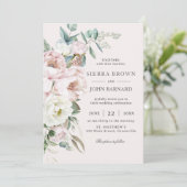 シックなソフト赤面ピンクアイボリー牡丹フローラ結婚ズ 招待状 (スタンド正面)