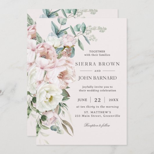 シックなソフト赤面ピンクアイボリー牡丹フローラ結婚ズ 招待状 (正面/裏面)