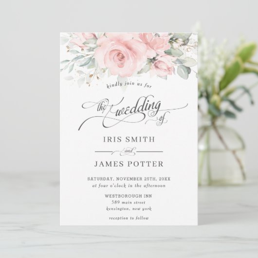 シックなソフト赤面ピンクフローラグリーナリー結婚ズ 招待状 (スタンド正面)