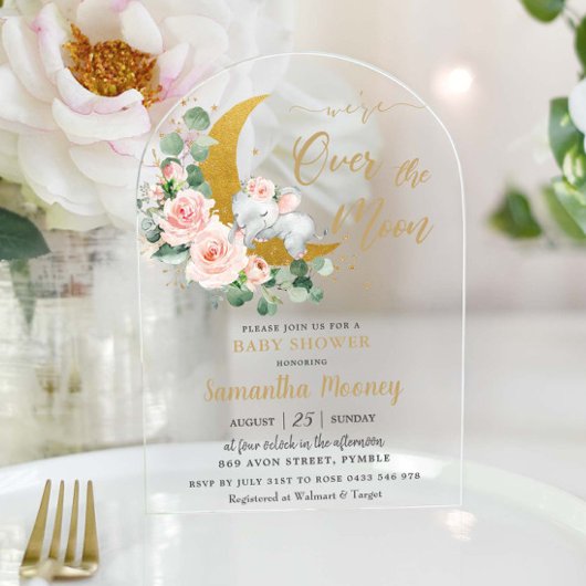 シックなゾウ我々は月の女の子の赤ちゃんシャワー上にいる アクリル招待状