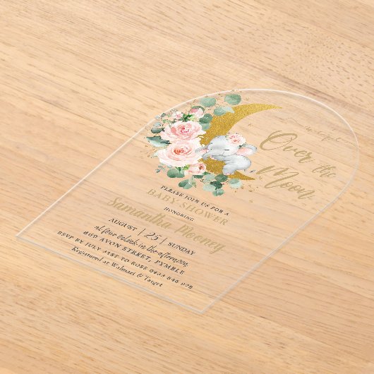 シックなゾウ我々は月の女の子の赤ちゃんシャワー上にいる アクリル招待状 (レイダウン)