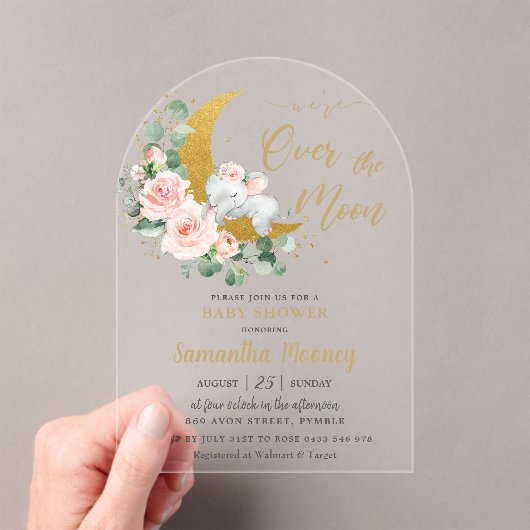 シックなゾウ我々は月の女の子の赤ちゃんシャワー上にいる アクリル招待状 (インサイチュ (ポータブル))