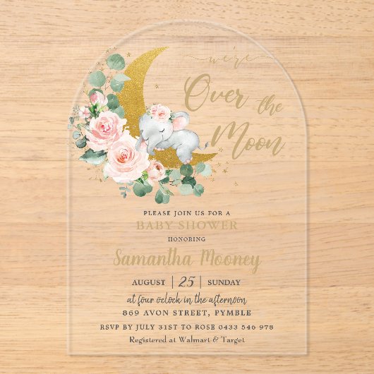 シックなゾウ我々は月の女の子の赤ちゃんシャワー上にいる アクリル招待状 (正面)