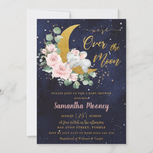 シックなゾウ我々は月の女の子の赤ちゃんシャワー上にいる 招待状 (正面)