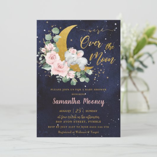 シックなゾウ我々は月の女の子の赤ちゃんシャワー上にいる 招待状 (スタンド正面)