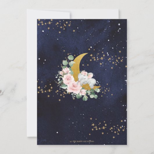 シックなゾウ我々は月の女の子の赤ちゃんシャワー上にいる 招待状 (裏面)