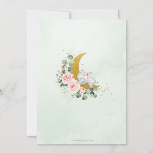 シックなゾウ我々は月の女の子の赤ちゃんシャワー上にいる 招待状 (裏面)