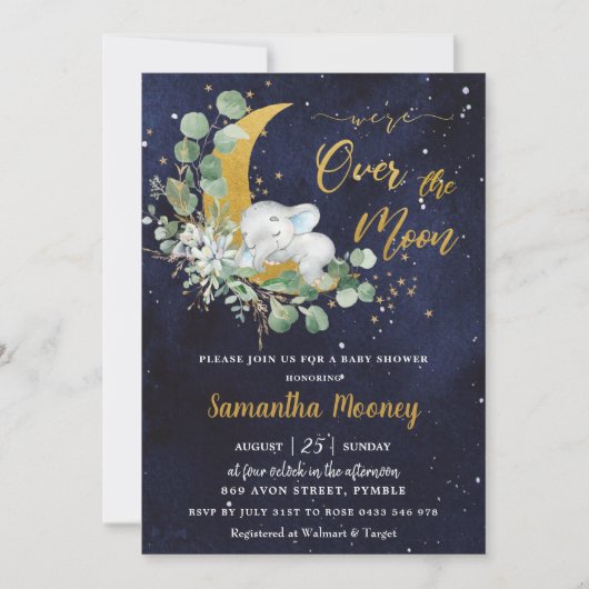 シックなゾウ我々は月の男の子の赤ちゃんシャワー上にいる 招待状 (正面)