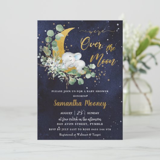 シックなゾウ我々は月の男の子の赤ちゃんシャワー上にいる 招待状 (スタンド正面)