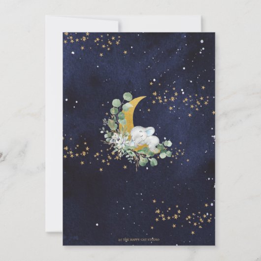 シックなゾウ我々は月の男の子の赤ちゃんシャワー上にいる 招待状 (裏面)