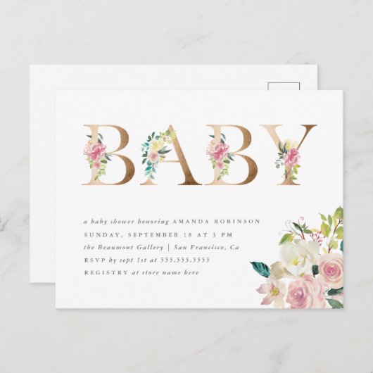 シックなタイポグラフィの水彩画の花の金ゴールドのベビーシャワー インビテーションポストカード (正面/裏面)