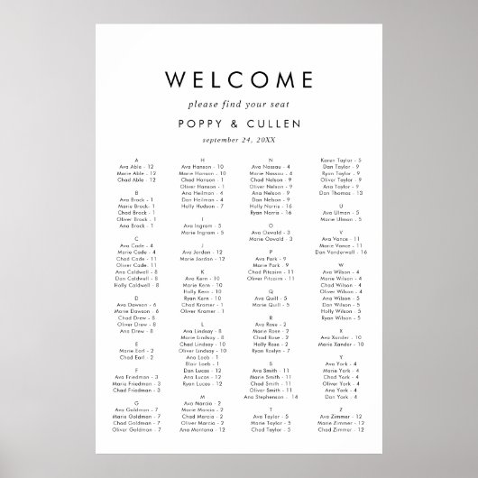 シックなタイポグラフィアルファベットの座席表 ポスター (正面)
