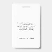 シックなタイポグラフィロゴフォト従業員または先生ID バッジ (裏面)