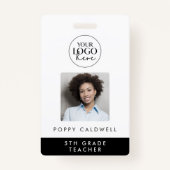 シックなタイポグラフィロゴフォト従業員または先生ID バッジ (正面)