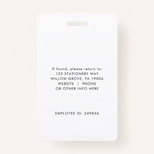 シックなタイポグラフィロゴフォト従業員または先生ID バッジ (裏面)