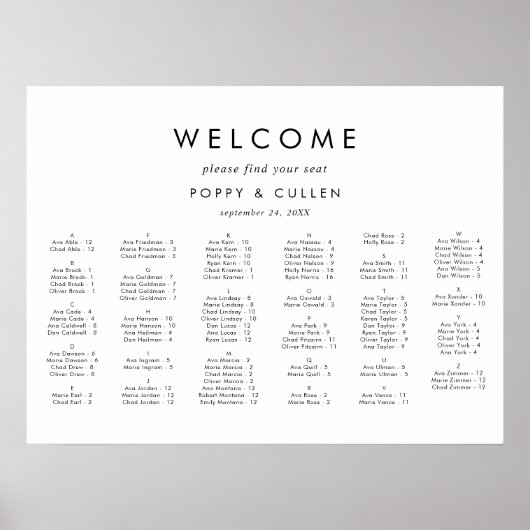 シックなタイポグラフィ横向きシーティングチャート ポスター (正面)