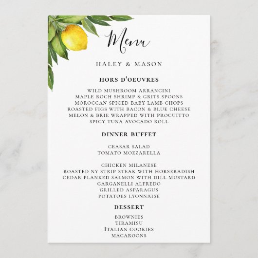 シックなタイポグラフィ素朴ウォーターカラーレモン メニュー (正面)