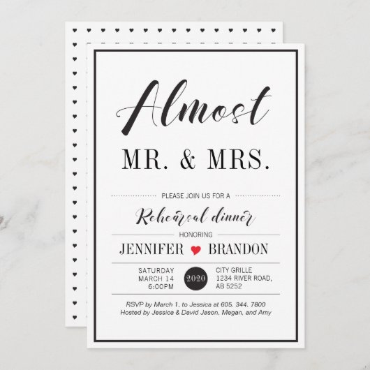 シックなタイポグラフィ結婚のリハーサルのディナーカード 招待状 (正面/裏面)