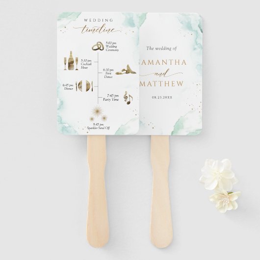 シックなタイムラインとウェルカムウォーターカラーブルーグリーン ハンドファン (正面&裏面)