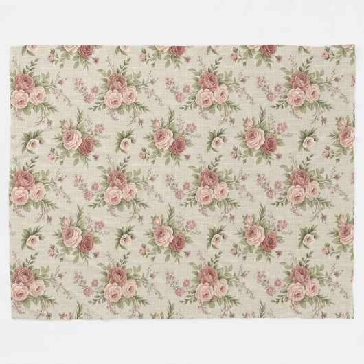 シックなタイムレスコテージスタイルフェードフローラエレガンス フリースブランケット (正面(横))