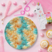 シックなターコイズオレンジ色の花 ペーパープレート (パーティー)