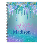 シックなターコイズパープルグラデーショングリッタードリップモノグラム ノートブック (正面)