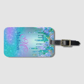 シックなターコイズパープルグラデーショングリッタードリップモノグラム ラゲッジタグ (正面横)