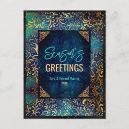 シックなターコイズフローラグリッタークリスマス新年 ポストカード